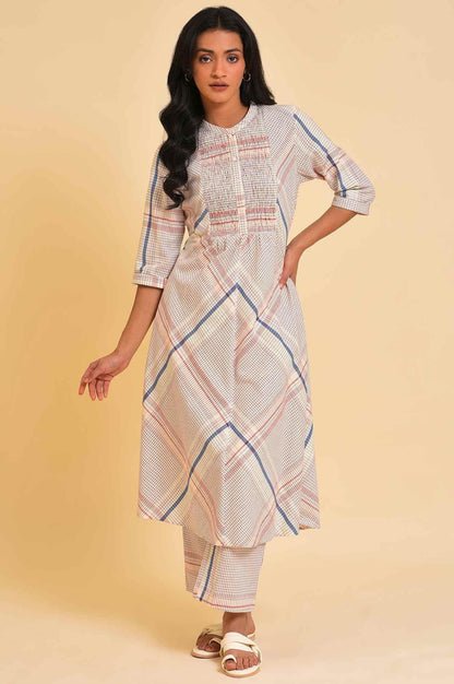 Ecru Bold Checks A-Line kurta & Pants Co-Ord Set - Image 1