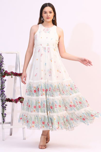 White Floral Printed Chiffon Tiered Flared Dress with Printed Cape - Image 1