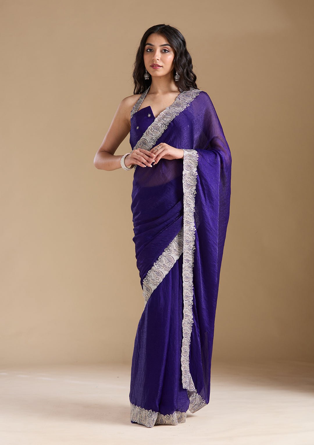 Violet Zariwork (Silver) Chiffon Saree - Image 1