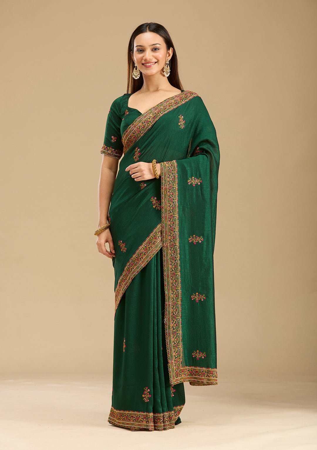 Bottle Green Kashmiri Soft Raw Silk Saree - Image 1