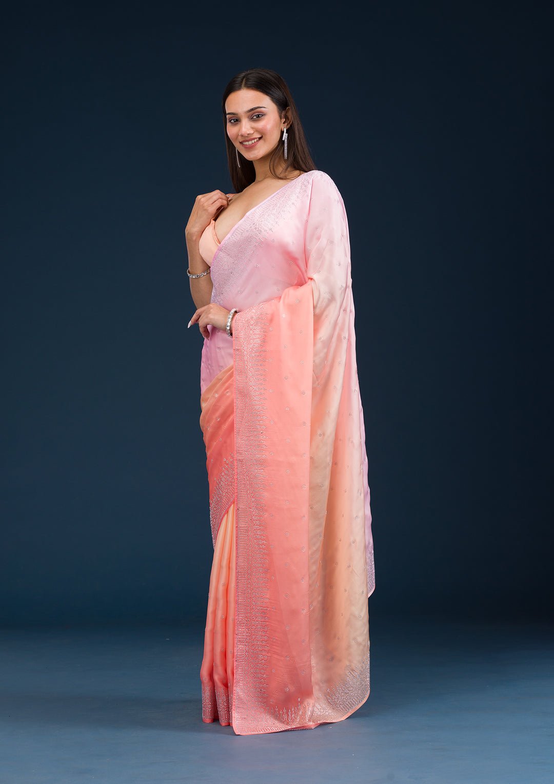 Light Orange Stonework Satin Saree - Image 1